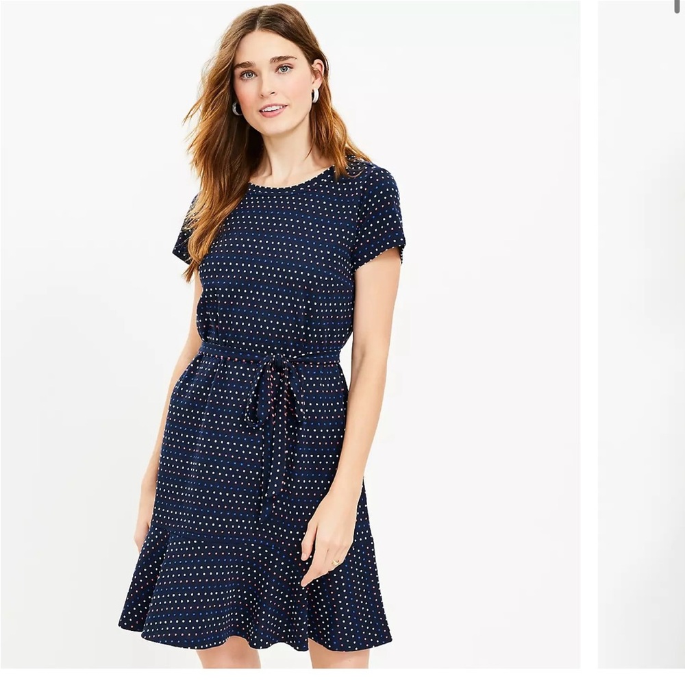 LOFT Dotted Belted Flpunce Dress Large Tall Midi Dress